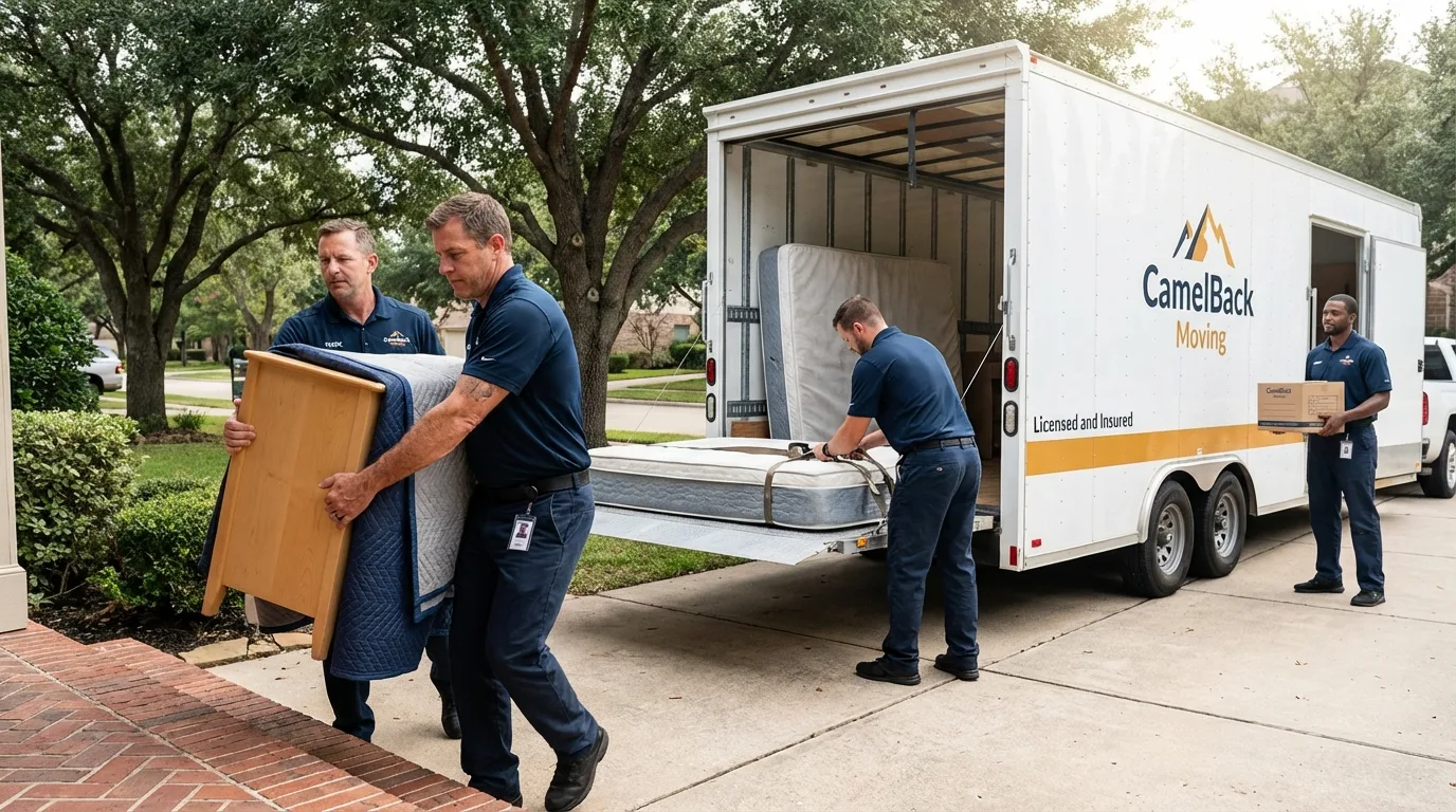 Crew loading residential truck for cross-state move from Clovis, CA