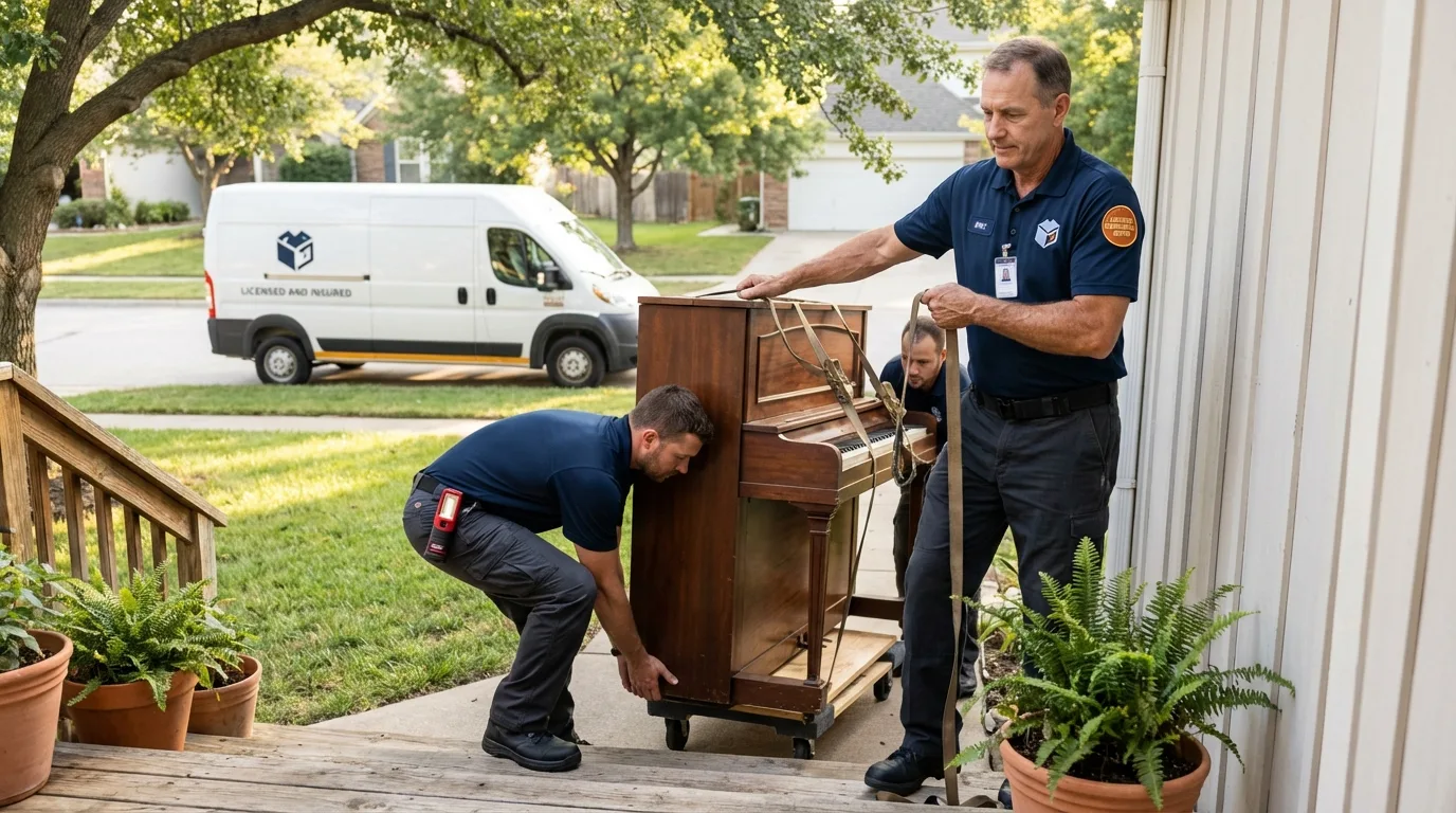 Licensed piano movers securing grand piano in Clovis, CA