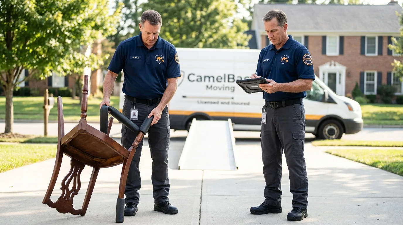 Movers inspecting furniture for damage prevention before loading in Clovis, CA