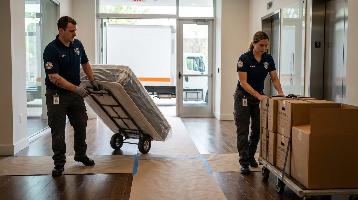 Professional apartment movers loading elevator in Clovis, CA